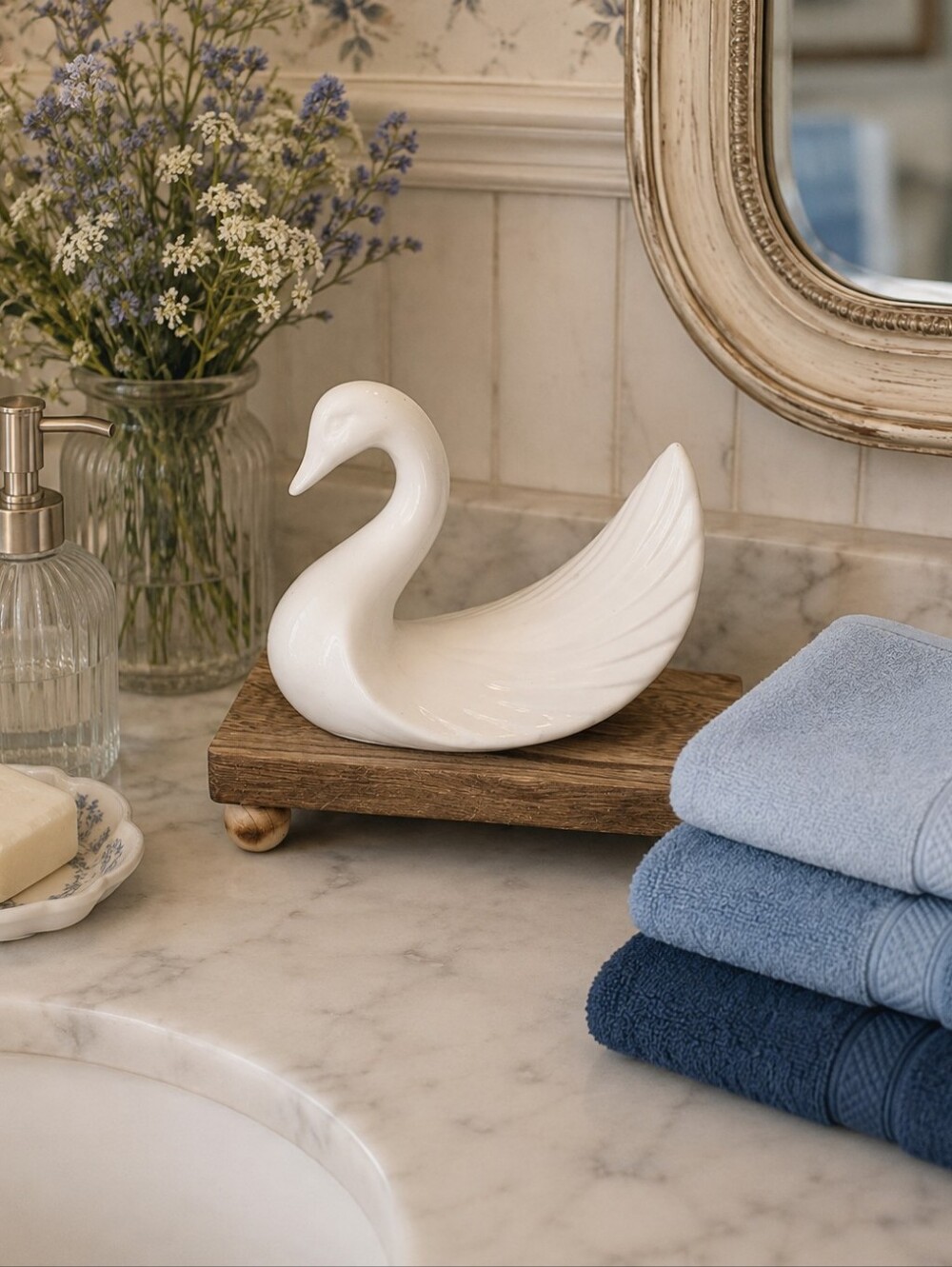 Vintage White Ceramic Swan Figurine Face Cloth Holder